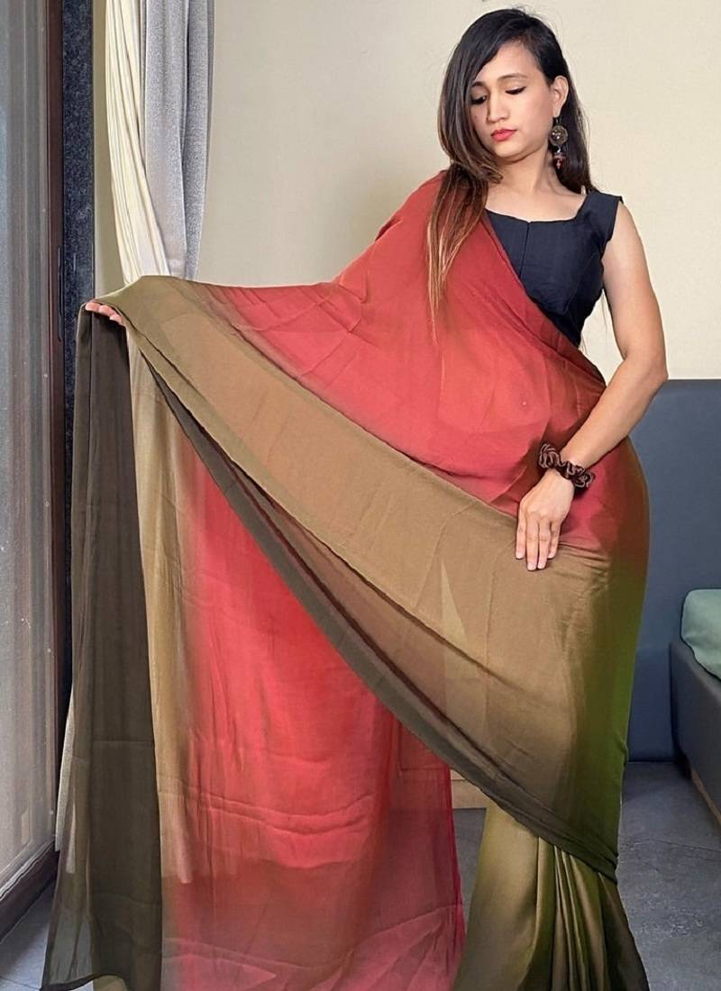 red-multicolor color nylon  pedding printed pre drape one minute saree with un-stitch blouse