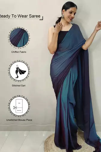 blue-teal nylon pedding printed pre drape one minute saree