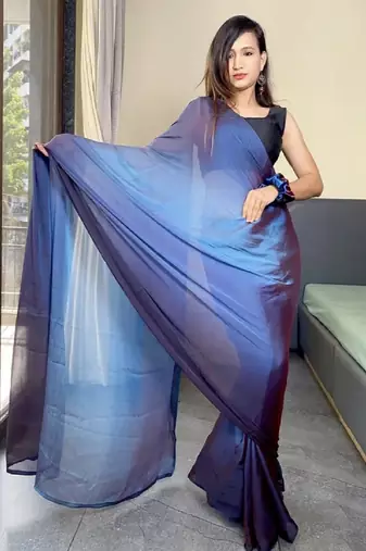 blue-teal color nylon  pedding printed pre drape one minute saree with un-stitch blouse