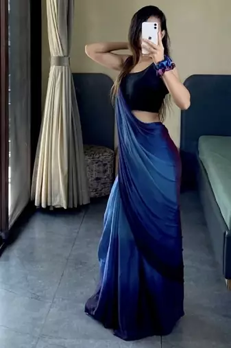 blue-teal nylon pedding printed pre drape one minute saree
