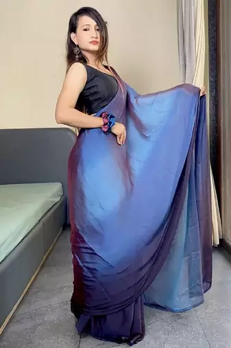 blue-teal nylon pedding printed pre drape one minute saree
