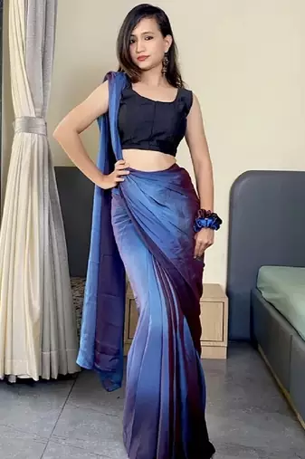 blue-teal nylon pedding printed pre drape one minute saree