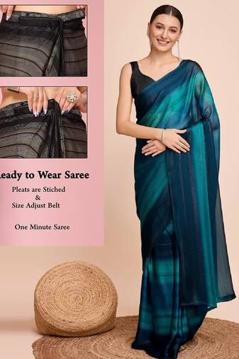 blue color nylon  pedding lining pre drape one minute saree with un-stitch blouse