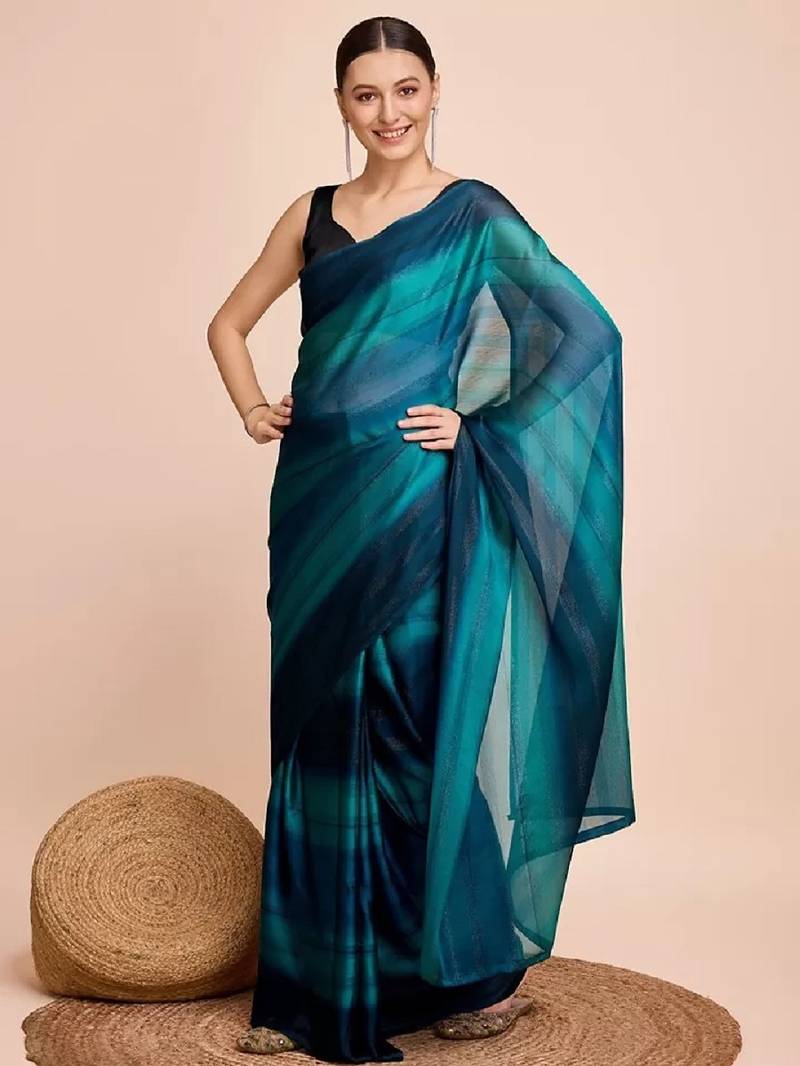 blue color nylon  pedding lining pre drape one minute saree with un-stitch blouse