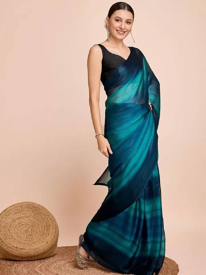 blue color nylon  pedding lining pre drape one minute saree with un-stitch blouse