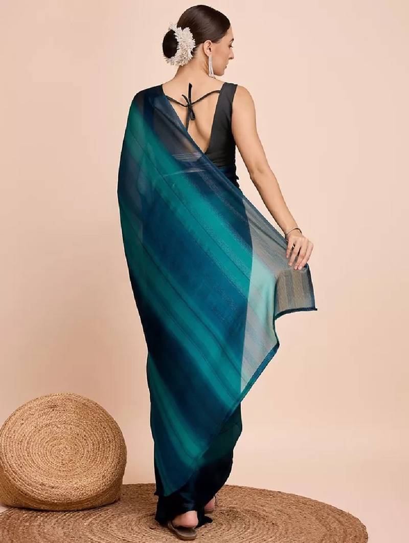 blue color nylon  pedding lining pre drape one minute saree with un-stitch blouse