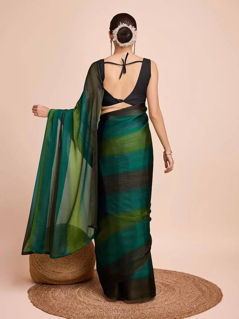 green color nylon  pedding lining pre drape one minute saree with un-stitch blouse