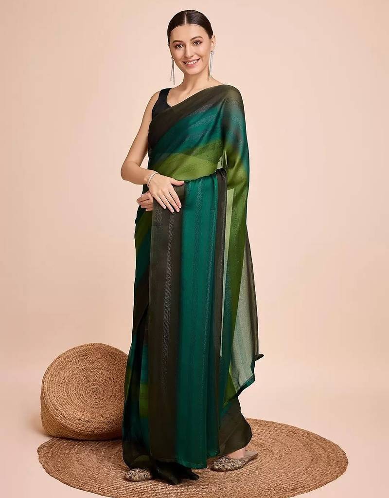 green color nylon  pedding lining pre drape one minute saree with un-stitch blouse