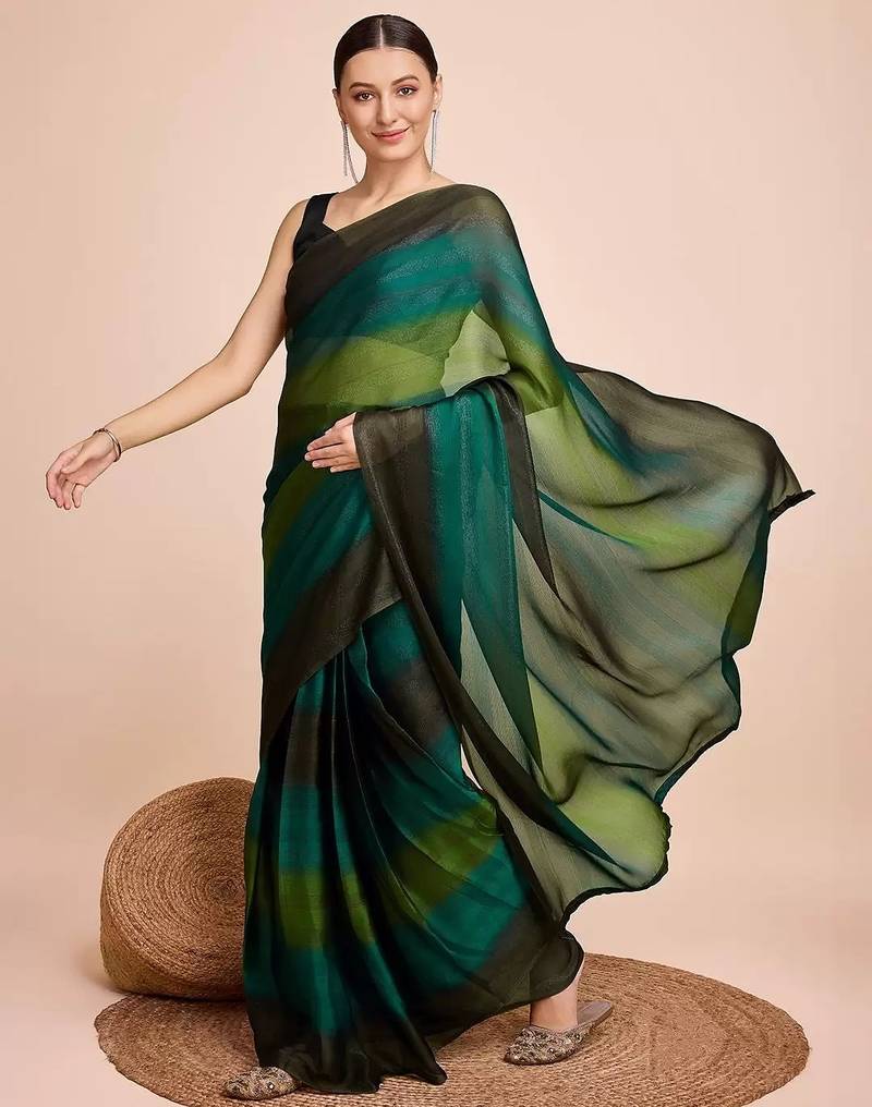 green color nylon  pedding lining pre drape one minute saree with un-stitch blouse