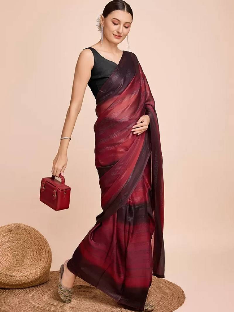 maroon color nylon  pedding lining pre drape one minute saree with un-stitch blouse