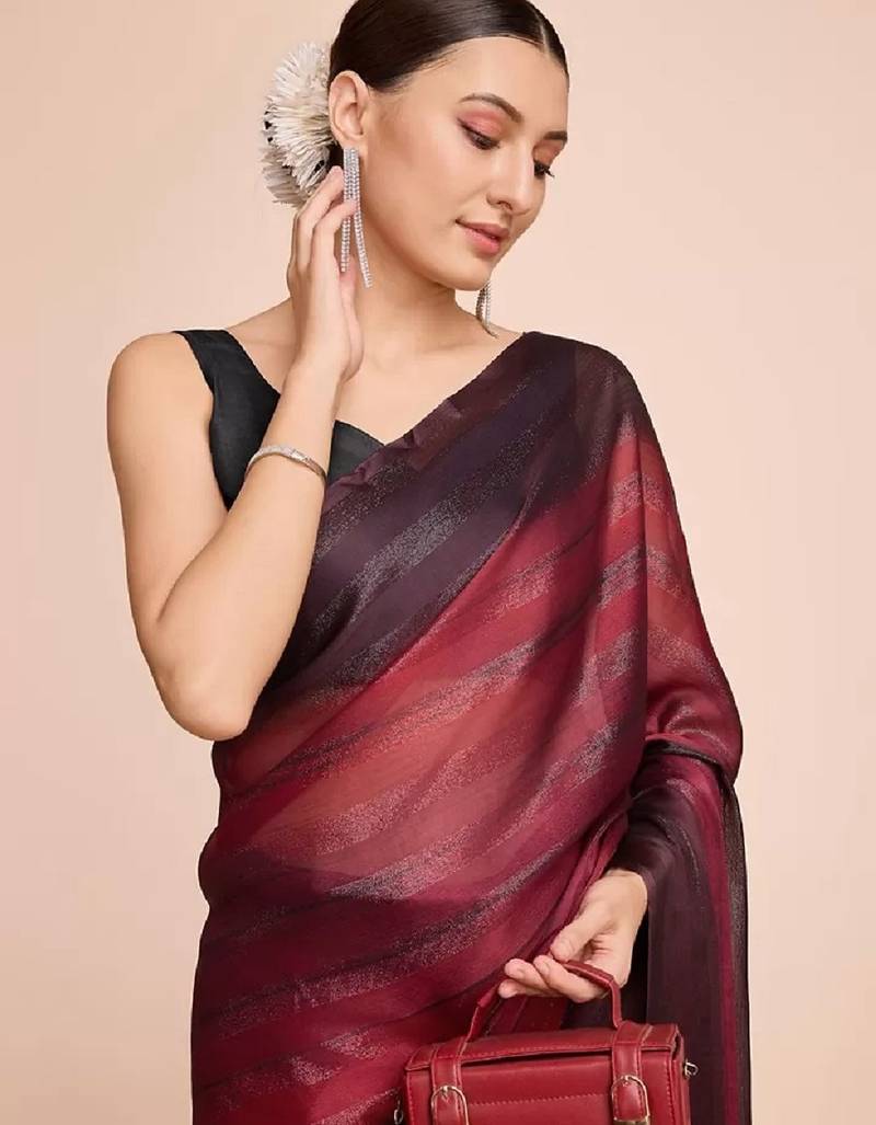 maroon color nylon  pedding lining pre drape one minute saree with un-stitch blouse