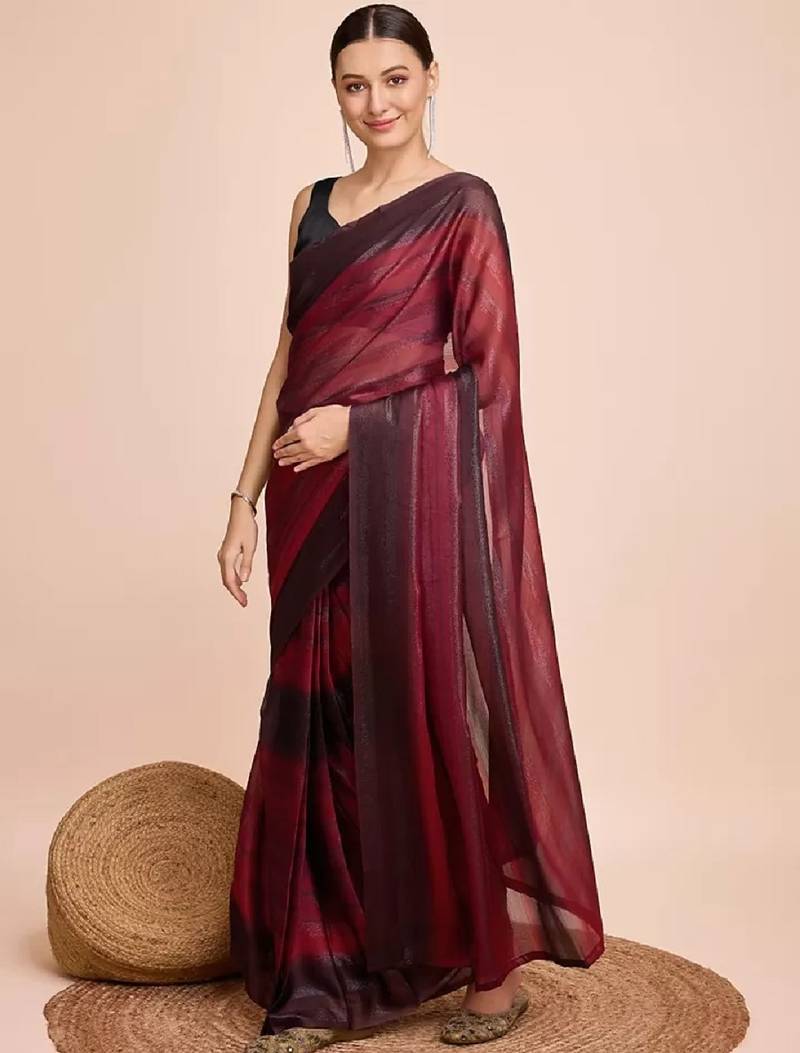 maroon color nylon  pedding lining pre drape one minute saree with un-stitch blouse
