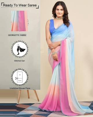 pink-sky blue georgette digital printed pre drape ready made saree 2