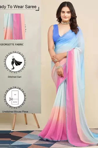 pink-sky blue georgette digital printed pre drape ready made saree