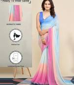 Pink-sky blue color georgette digital printed pre drape ready to wear saree with un-stitch blouse