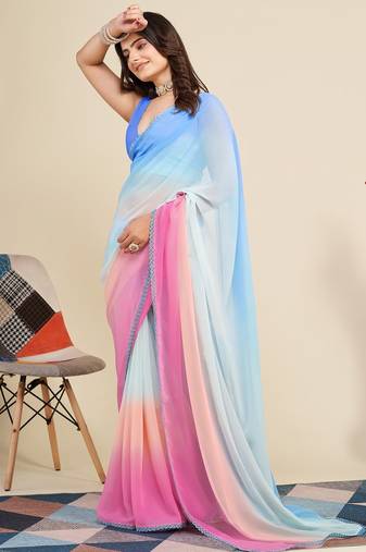 Pink-sky blue color georgette digital printed pre drape ready to wear saree with un-stitch blouse