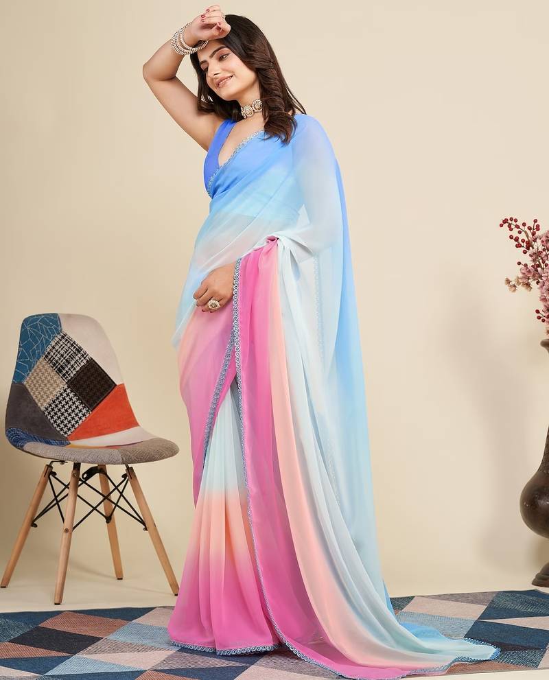 Pink-sky blue color georgette digital printed pre drape ready to wear saree with un-stitch blouse
