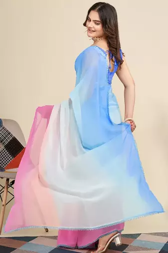 pink-sky blue georgette digital printed pre drape ready made saree