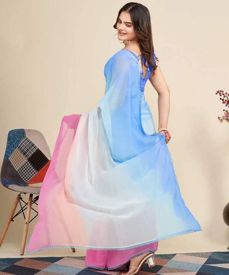 Pink-sky blue color georgette digital printed pre drape ready to wear saree with un-stitch blouse
