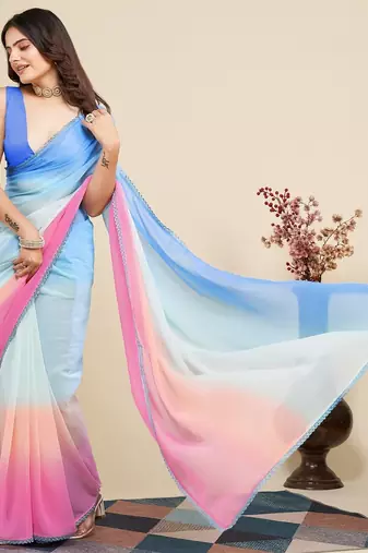 pink-sky blue georgette digital printed pre drape ready made saree