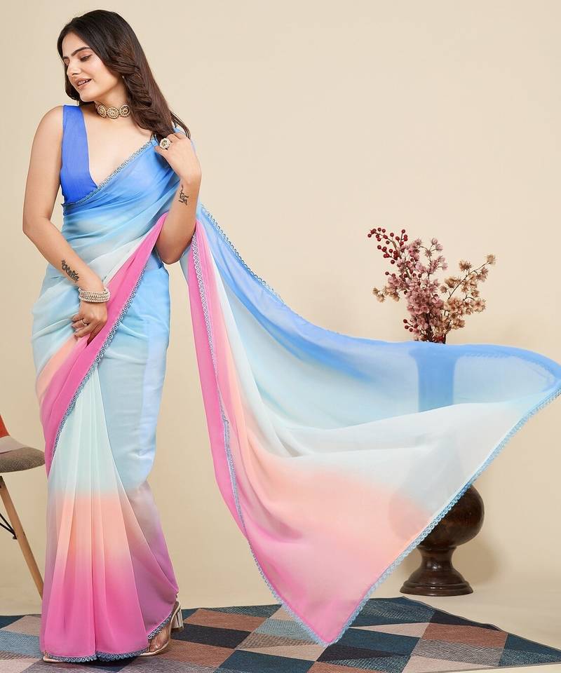 Pink-sky blue color georgette digital printed pre drape ready to wear saree with un-stitch blouse