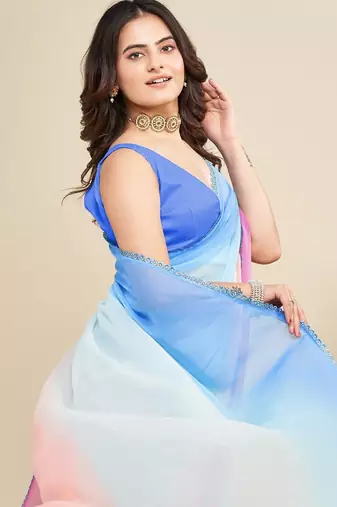 pink-sky blue georgette digital printed pre drape ready made saree