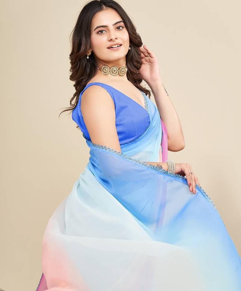 Pink-sky blue color georgette digital printed pre drape ready to wear saree with un-stitch blouse