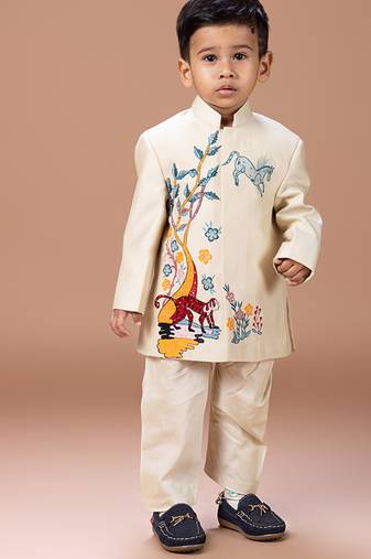 Beige embroidered cotton silk sherwani set