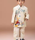 Beige embroidered cotton silk sherwani set