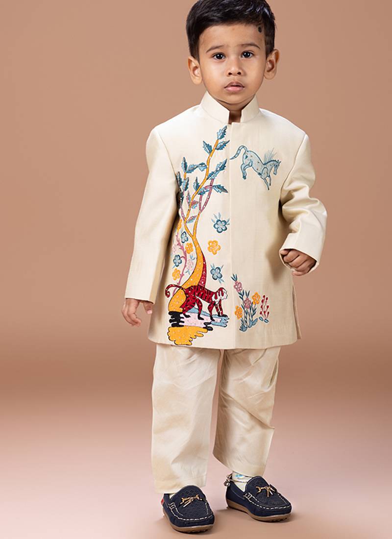 Beige embroidered cotton silk sherwani set