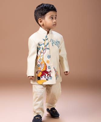 Beige embroidered cotton silk sherwani set 2