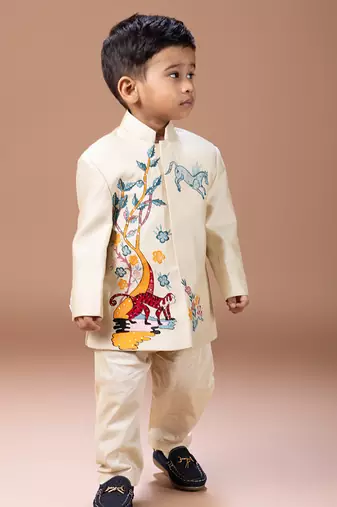 Beige embroidered cotton silk sherwani set