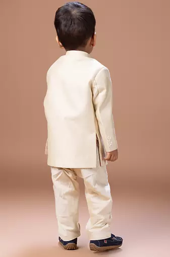 Beige embroidered cotton silk sherwani set