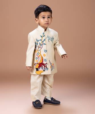 Beige embroidered cotton silk sherwani set 4
