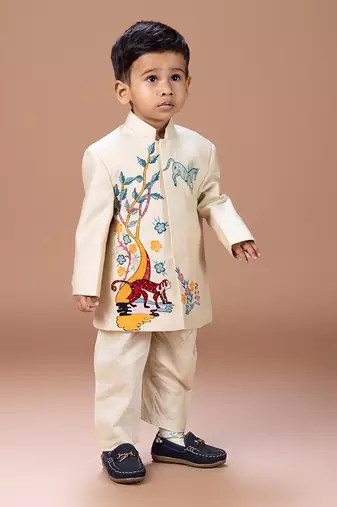 Beige embroidered cotton silk sherwani set