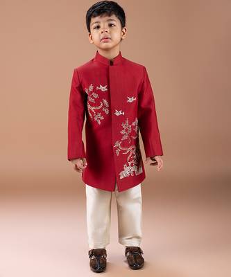 Maroon embroidered cotton silk sherwani set 1