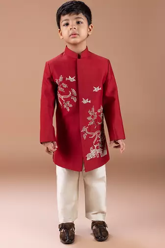 Maroon embroidered cotton silk sherwani set