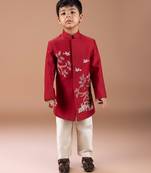 Maroon embroidered cotton silk sherwani set