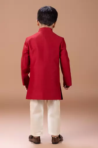 Maroon embroidered cotton silk sherwani set