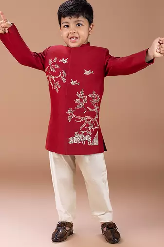 Maroon embroidered cotton silk sherwani set
