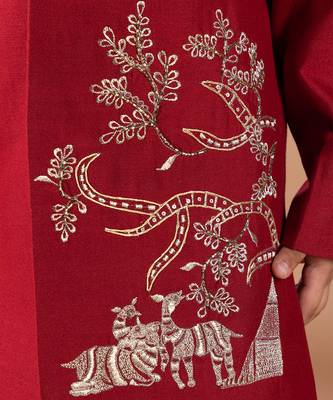 Maroon embroidered cotton silk sherwani set 4