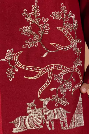 Maroon embroidered cotton silk sherwani set