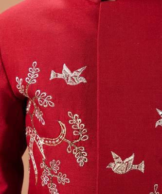 Maroon embroidered cotton silk sherwani set 5