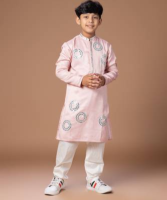 Powder pink embroidered jam satin kurta set 1