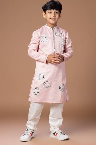 Powder pink embroidered jam satin kurta set