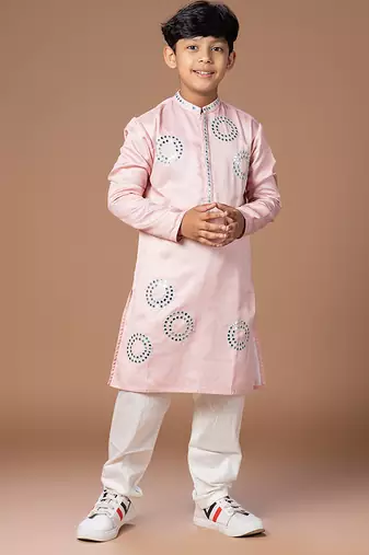 Powder pink embroidered jam satin kurta set