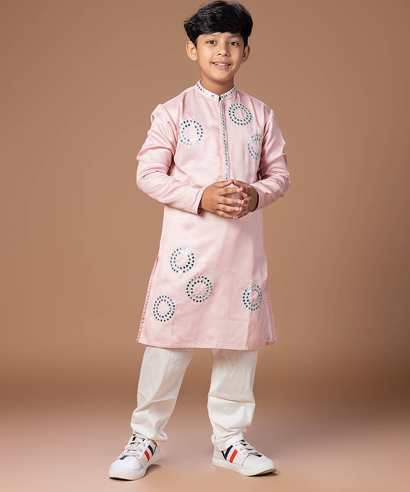 Powder pink embroidered jam satin kurta set