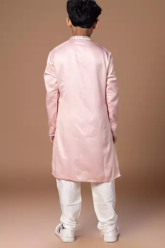 Powder pink embroidered jam satin kurta set