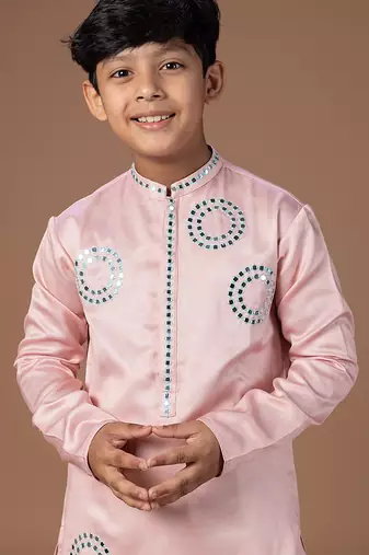 Powder pink embroidered jam satin kurta set