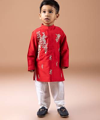 Red embroidered cotton silk kurta set 1